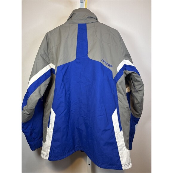 Spyder Leader Men's L Waterproof Ski Snowboard Jacket Blue White Stowaway Hood - Picture 7 of 16